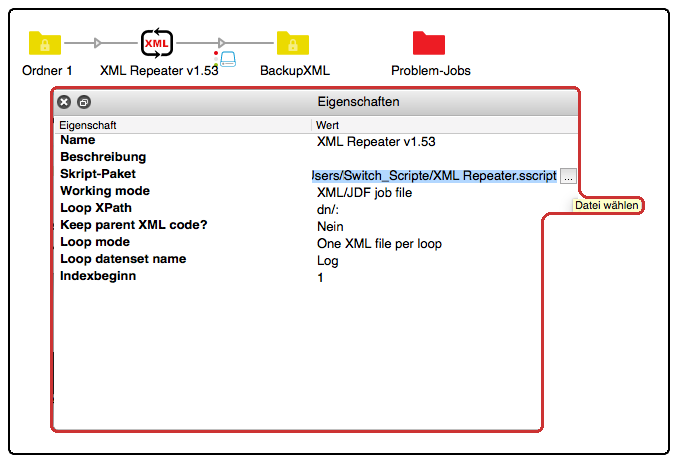 In den Script Eigenschaften wird zuerst die Script Datei ausgewählt.