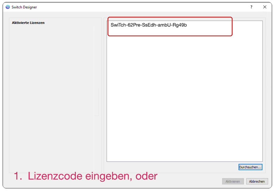 Eingeben des Lizenzschlüssels oder einer Lizenz HTML-Datei