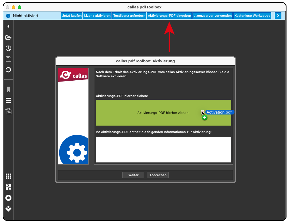 Die grüne Aktivierungsdatei wird einfach hier abgelegt