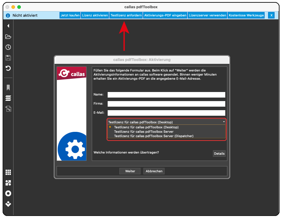 Das Produkt zur Aktivierung muss ausgewählt werden