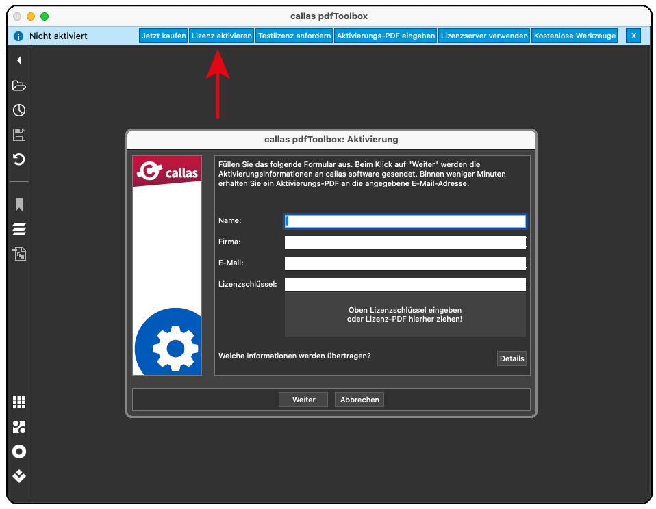 Über die Auswahl Lizenz aktivieren öffnet sich das Menü für die Kontaktdaten und dem Lizenzcode