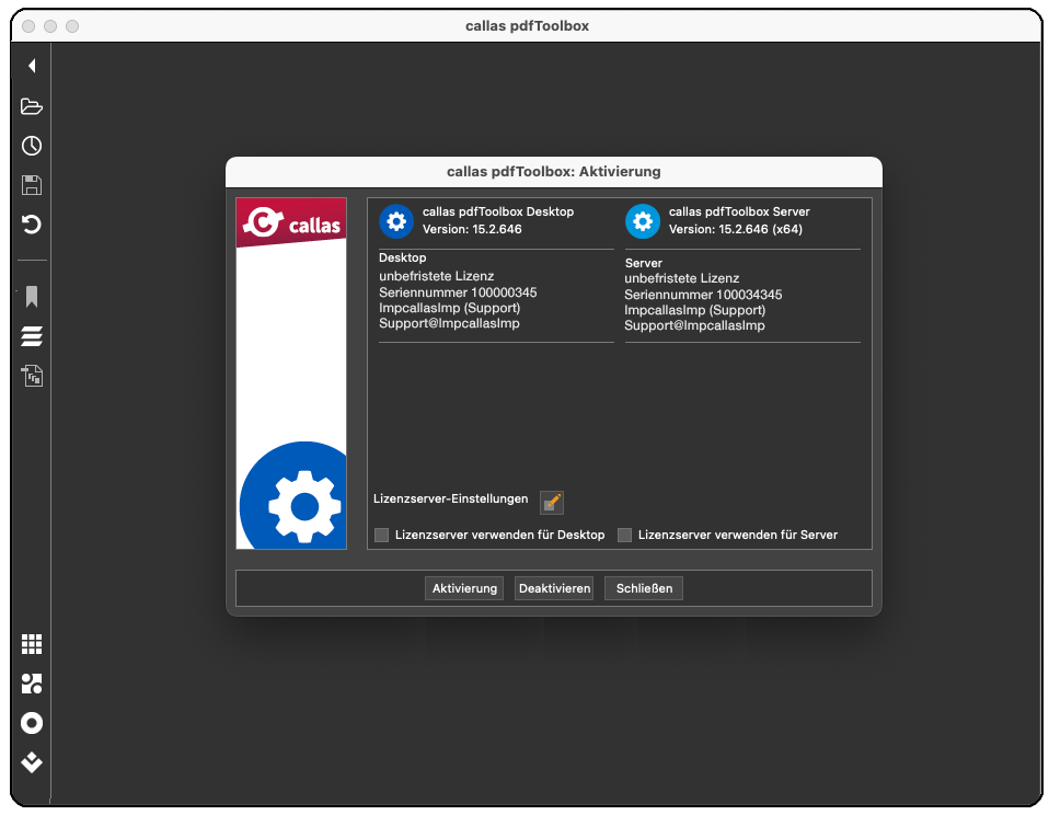 Eine Information über die Aktivierung des Produktes mit Seriennumer