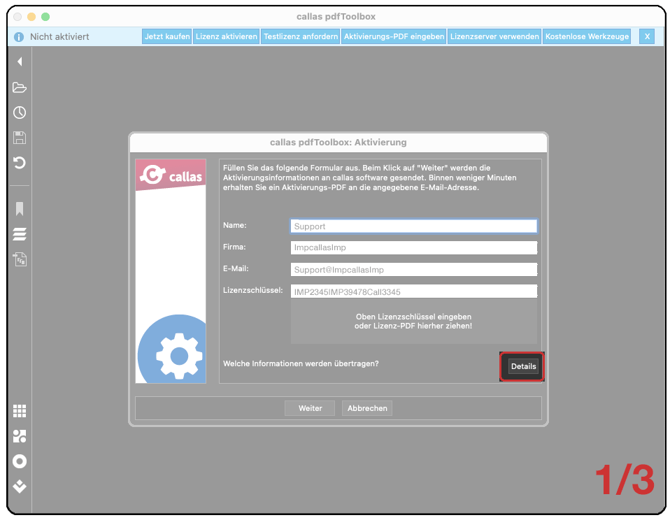 Über die Schaltfläche Details und per E-Mail senden kann der Inhalt der Mail kopiert werden um diese dann separat zu versenden.