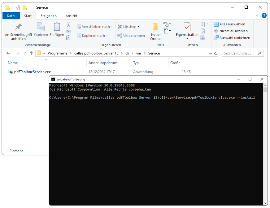 Ein Terminal Befehl installiert die benötigten Dienste pdfToolboxService.exe --install