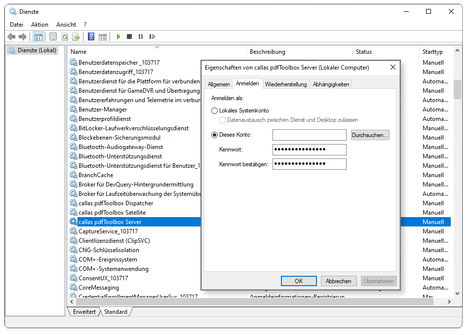Der Dienst muss auf automatisch Starten eingestellt werden und benötigt einen geeigneten Benutzer