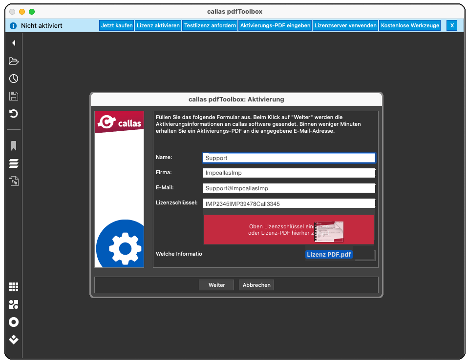 Eingeben des Lizen zcode oder der Lizenz Datei