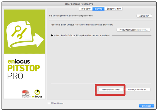 Mit dem drücken des Butten testversion starten wird eine befristete Lizenz übermittelt.