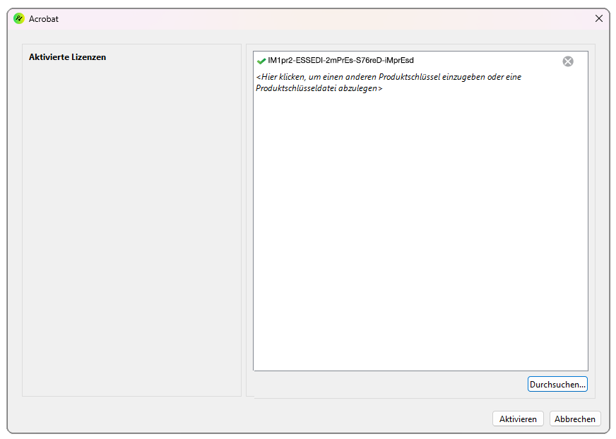 Schritt Drei geben Sie hier den Produktschlüssel ein, per Datei, Einfügen oder über die Tastatur