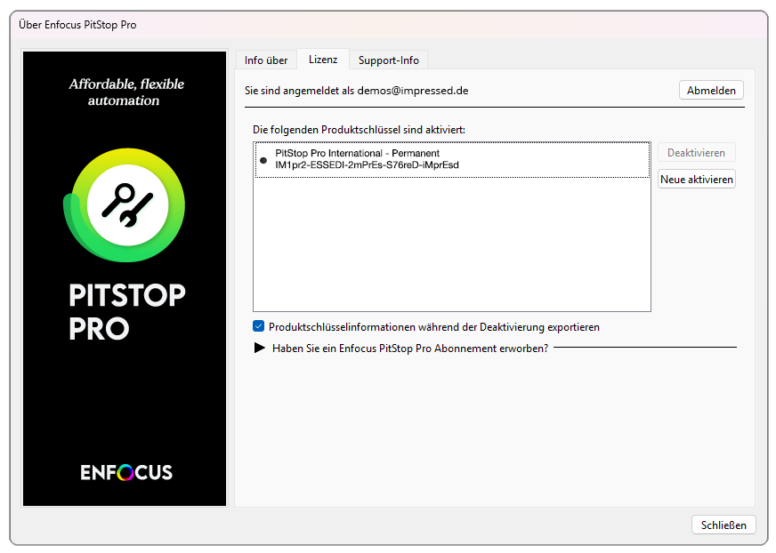Wurde das erfolgreich durchgeführt wird die Lizenz angezeigt