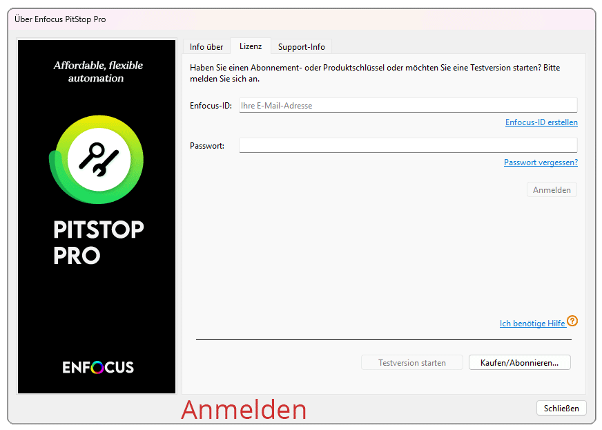 Informationsfenster Lizenz dient zum Anmelden in der Enfocus ID und zeigt den Zustand der Lizenz