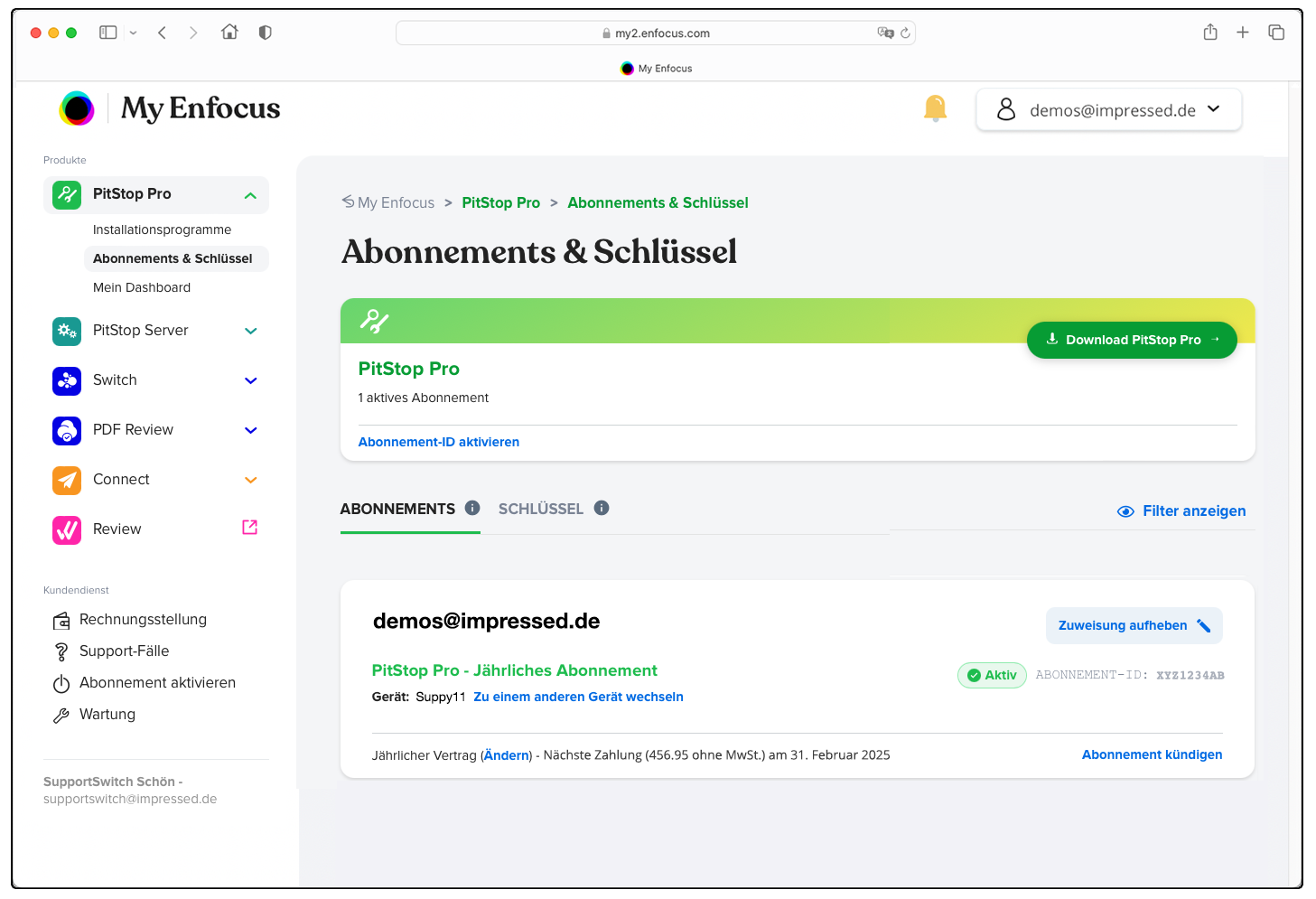 Übersicht der Abbonements in der Enfocus ID