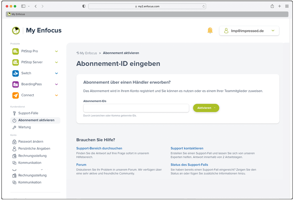 Eingabe des Lizenzcode zur Aktivierung