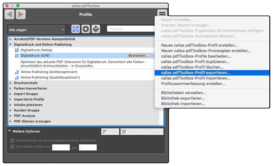 Über die Funktion Profil exportieren könnne eigene Korrekturen oder Profile gesichert werden.