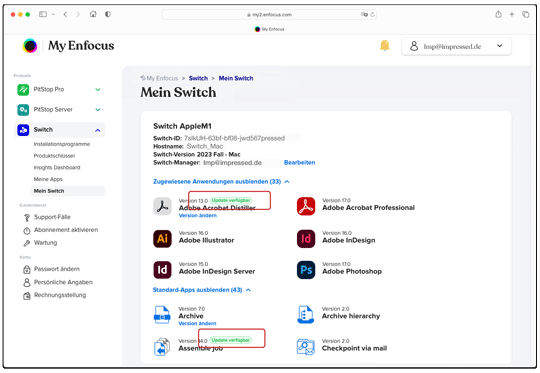 Die Enfocus ID zeigt den aktuellen Zustand der Versionen der Switch Apps
