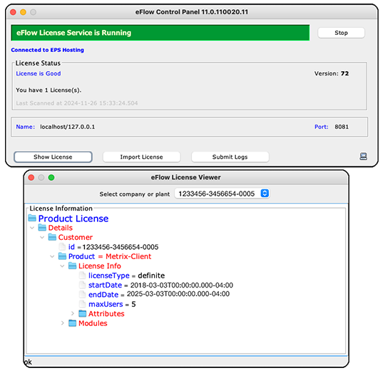 Der Lizenz Manager zeigt eine gültige, laufende Lizenz und weitere Informationen an