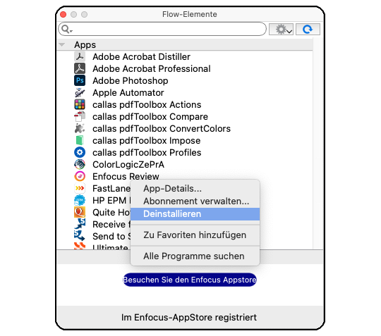 Mit einem rechten Mausklich kann eine App deinstalliert werden