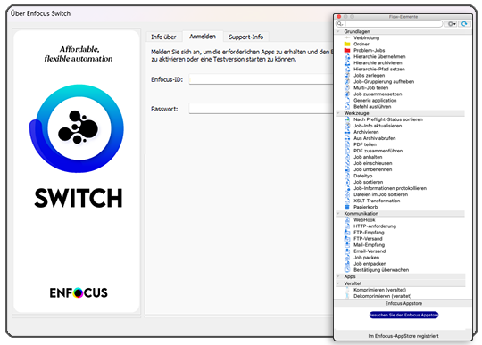 Switch Anmeldung im Enfocus Appstore und über den Designer