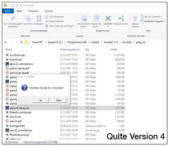 Im Acrobat Plug-in Verzeichnis befindet sich der Uninstaller für Quite