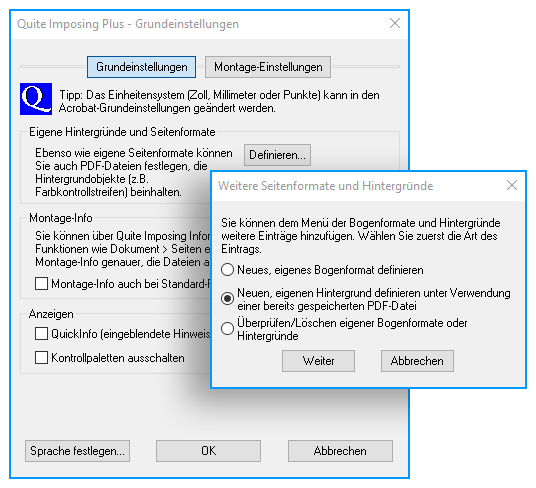 Grundeinstellung ermöglicht das Anlegen von eigenen Hintergründen