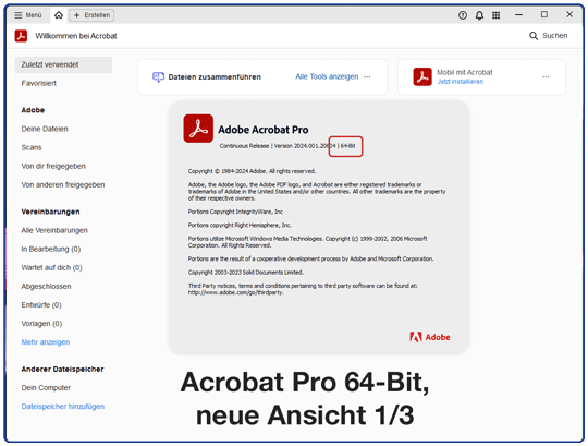 Das Fenster Über Acrobat zeigt genau an was für ein Acrobat zum Einsatz kommt