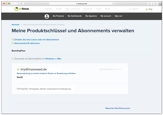 Die Enfocus ID zeigt die Möglichkeit einer Weitergabe der Lizenz.