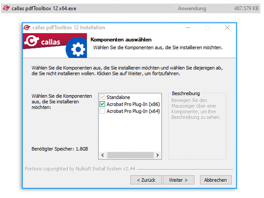 Auswahl der Komponenten zur Installation, Standalone, Serverversion und Acrobat PlugIn 64-bit