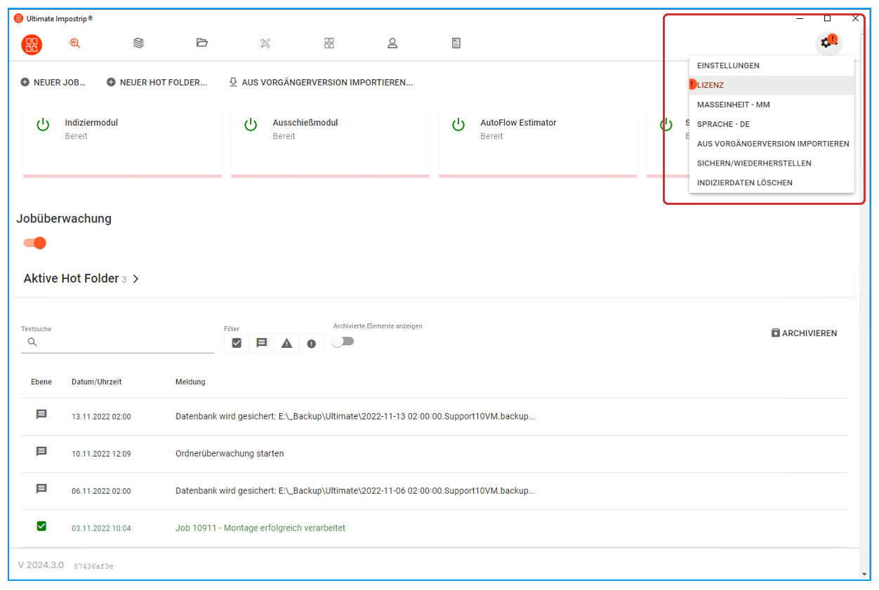 Das Menü Lizenzen zeigt den aktuellen Status