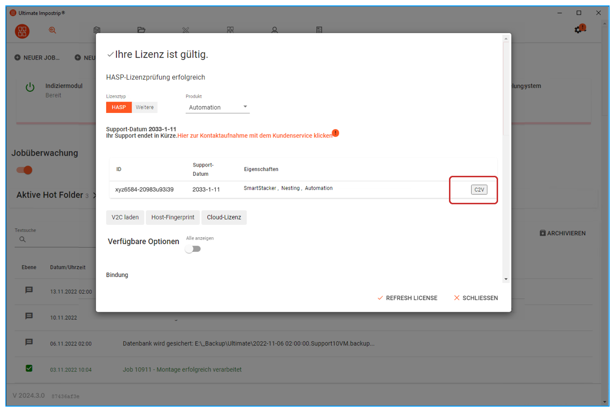 Die Software zeigt automatisch einen Hinweis über den Ablauf des Support-Ende