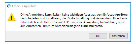 Hinweis auf eine benötigte Anmeldung im Enfocus Appstore