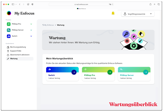 Die bei Enfocus hinterlegte Enfocus ID zeigt den Status des Wartungsvertrages an