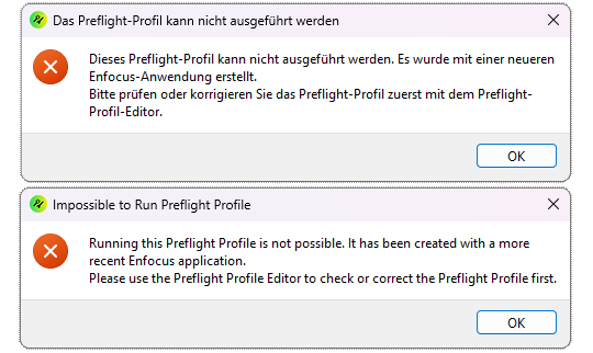 PitStop Pro Meldung lautet: Das Profil kann nicht ausgeführt werden, es wurde mit einer neueren Enfocus Anwendung erstellt