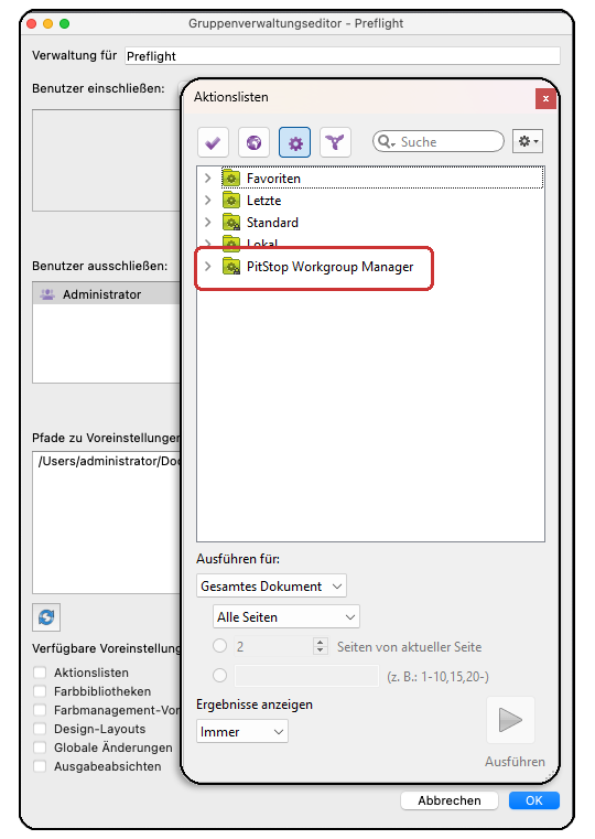 PitStop Pro Grundeinstellung mit Kategorie Voreinstellungen für Datenbanken