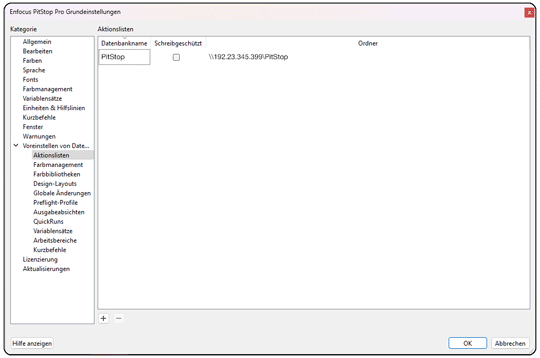 PitStop Pro Grundeinstellung mit Kategorie Voreinstellungen für Datenbanken