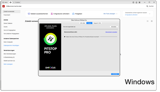 Anmeldung in die Enfocus Cloud erfolgt über die PitStop Pro Grundeinstellung-Verknüpfung