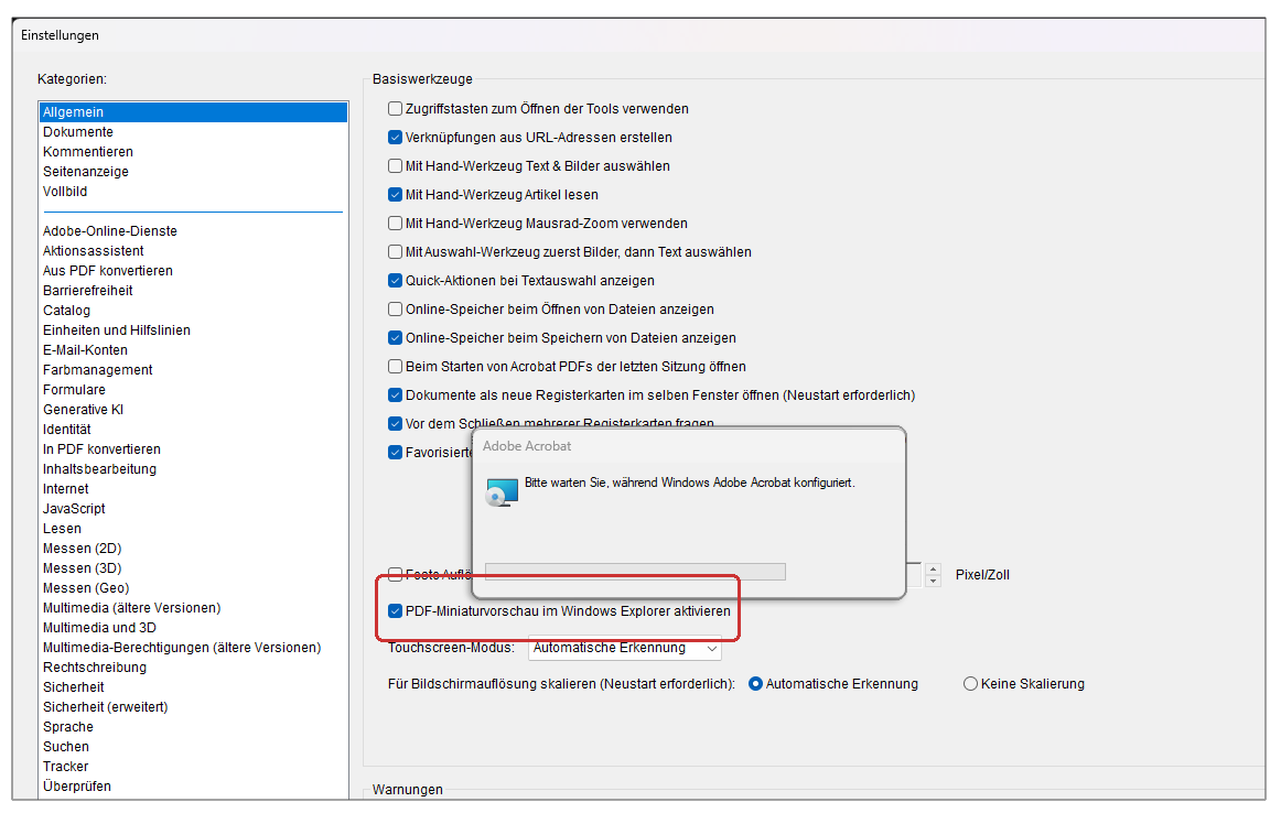 Acrobat Grundeinstellung Allgemein: PDF-Miniaturansicht im Windows Explorer aktivieren, ausschalten