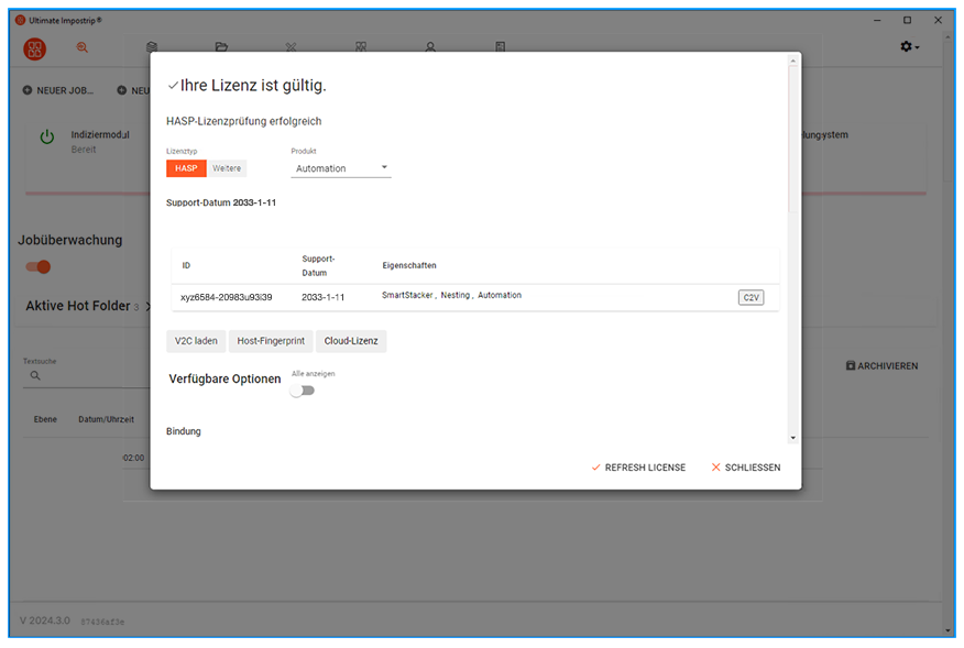 Das Lizenzfenster zeigt eine gültige Lizenz