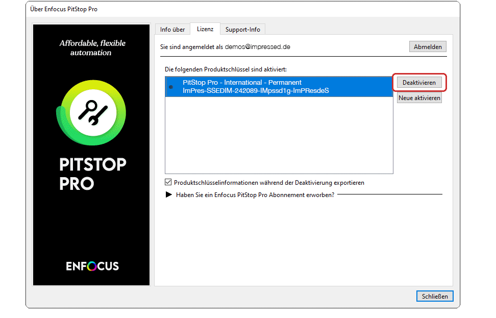 Mit dem Lizenz Informationsfenster erfolgt die Deaktivierung